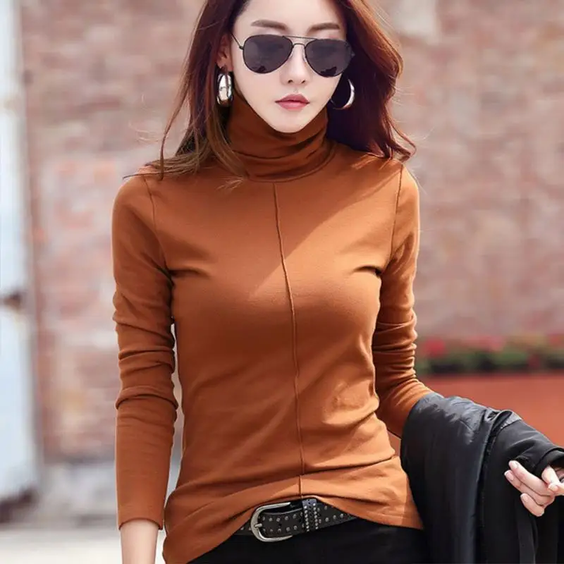 

Autumn Women Solid Color Top Winter Female Skinny Soft Turtle Neck Basic Tops Pullover Slim Long Sleeve T-shirts Casual Shirts