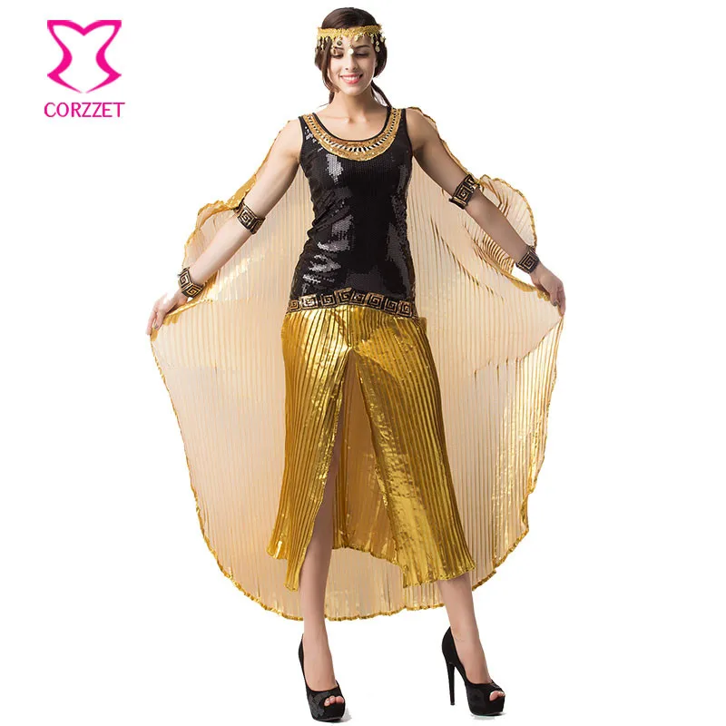 Cosplay&ware Gold Ruched And Black Sequins Cleopatra Fancy Dress With Cape Cosplay Sexy Egyptian Costume Halloween Costumes Women Adult -Outlet Maid Outfit Store