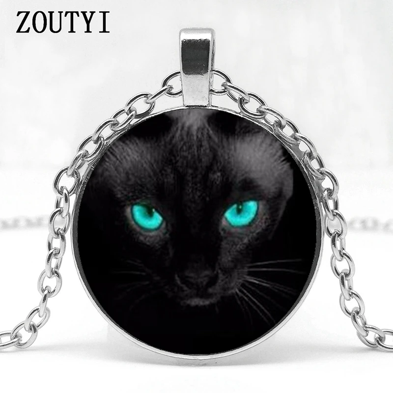 

2018/ hot sale, blue eyes black cat glass necklace glamour art picture round necklace pendant, black charm necklace.