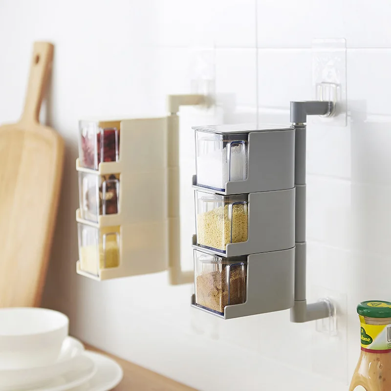 

Creative Wall Hanging Rotatable Spice Rack Transparent Multi-layer Jar with Spoon Kitchen Storage Container