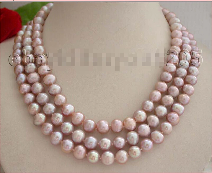 

FREE shipping>>>>17-18-19" 3rows Genuine Natural 10mm Purple Round Pearl Necklace #f1515 6.07