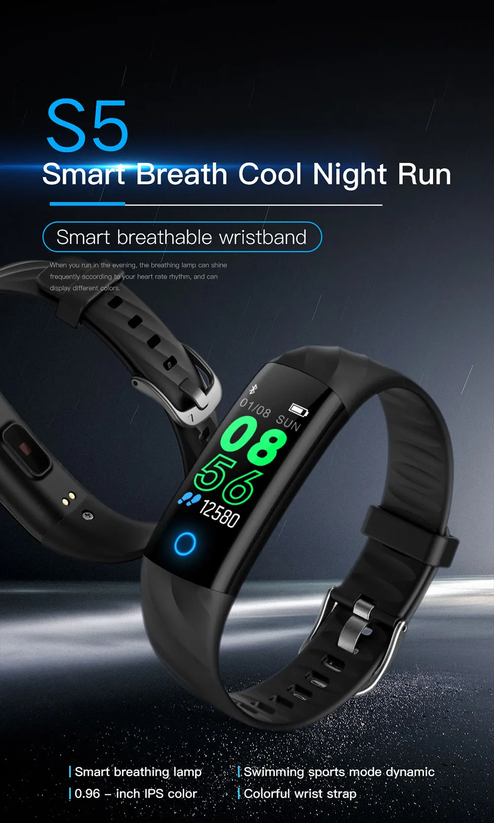 S5-1-130387- Smart Wristband GPS Tracker IP68 Waterproof Fitness Bracele Blood Pressure Measurement Watch Men Fitness Tracker Band 