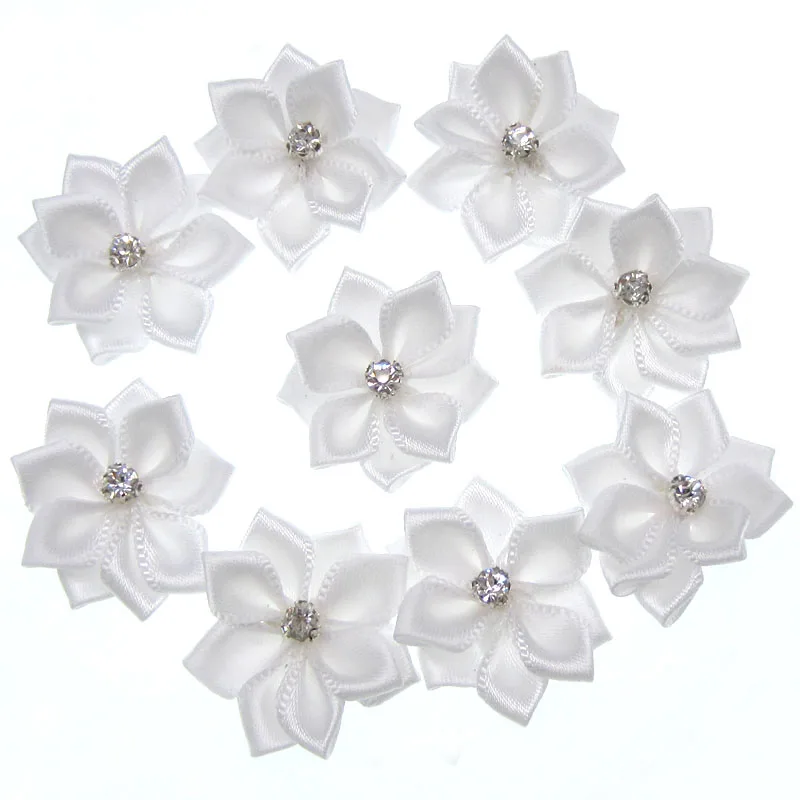 40pcs Handmade White small satin flowers fabric flower rhinestone for