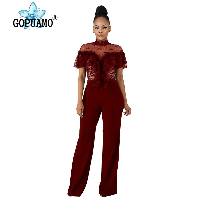 Sheer Mesh Lace Spliced Sexy Jumpsuit Women Stand Collar Short Sleeve Wide Leg Romper Elegant Ruffles See Through Party Bodysuit Sheer Mesh Lace Spliced Sexy Jumpsuit Women Stand Collar Short Sleeve Wide Leg Romper Elegant Ruffles See Through Party Bodysuit