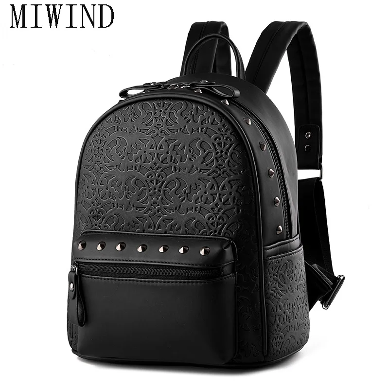 Fashion Leather Backpack Punk Style Embossed Small Women Backpack For Teenage Girl Travel Bags TTY508