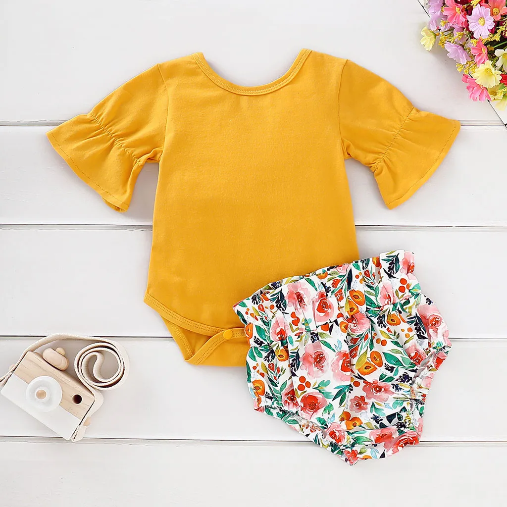 

Baby Yellow 2019 New Summer Sets reduction Newborn Toddler Infant Baby Girls Clothes Flare Romper Floral Print Shorts Outfits