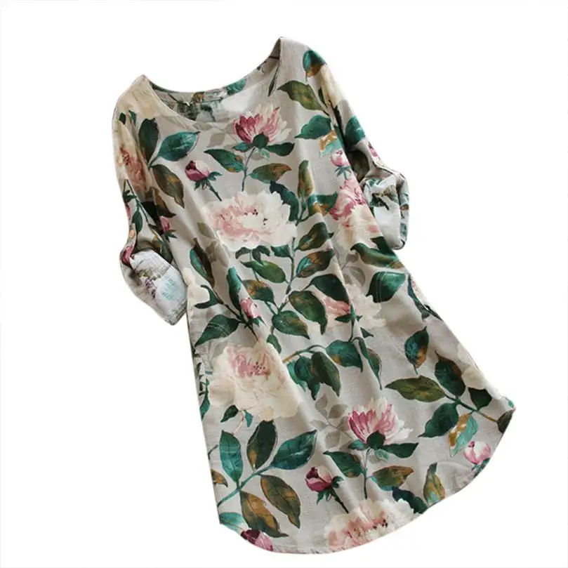 

Women Floral Print Mini Dress Summer Party Long Sleeve Dress Plus Size Large yard cotton and linen printed loose Casual dress
