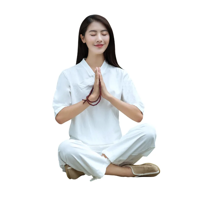 

Women Yoga set Loose Cotton Linen Yoga Pants Half Length Yoga Top Pants Meditation Suit Tai Chi Kung Fu Martial Arts Clothing