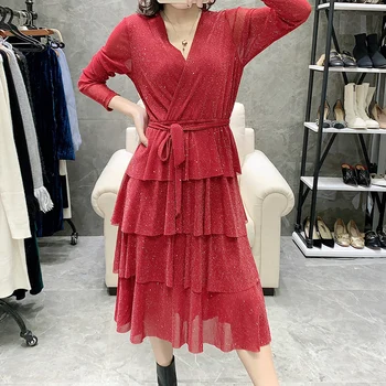 

Dress Women Ukraine Vestido De Festa 2019 Spring New Women's Dress Fashion Sexy V-neck Long-sleeved Waist Bright Long Woman