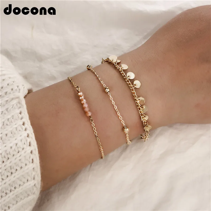 

Docona Beach Boho Orange Beaded Layered Bracelet Bangle Set For Women Charm Meatal Gold Color Round Sequins Pendant Jeweelry3323