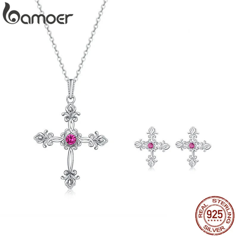 

bamoer European Vintage Cross Earrings for Women and Necklace 925 Sterling Silver Retro Pattern Fashion Jewelry Sets ZHS120