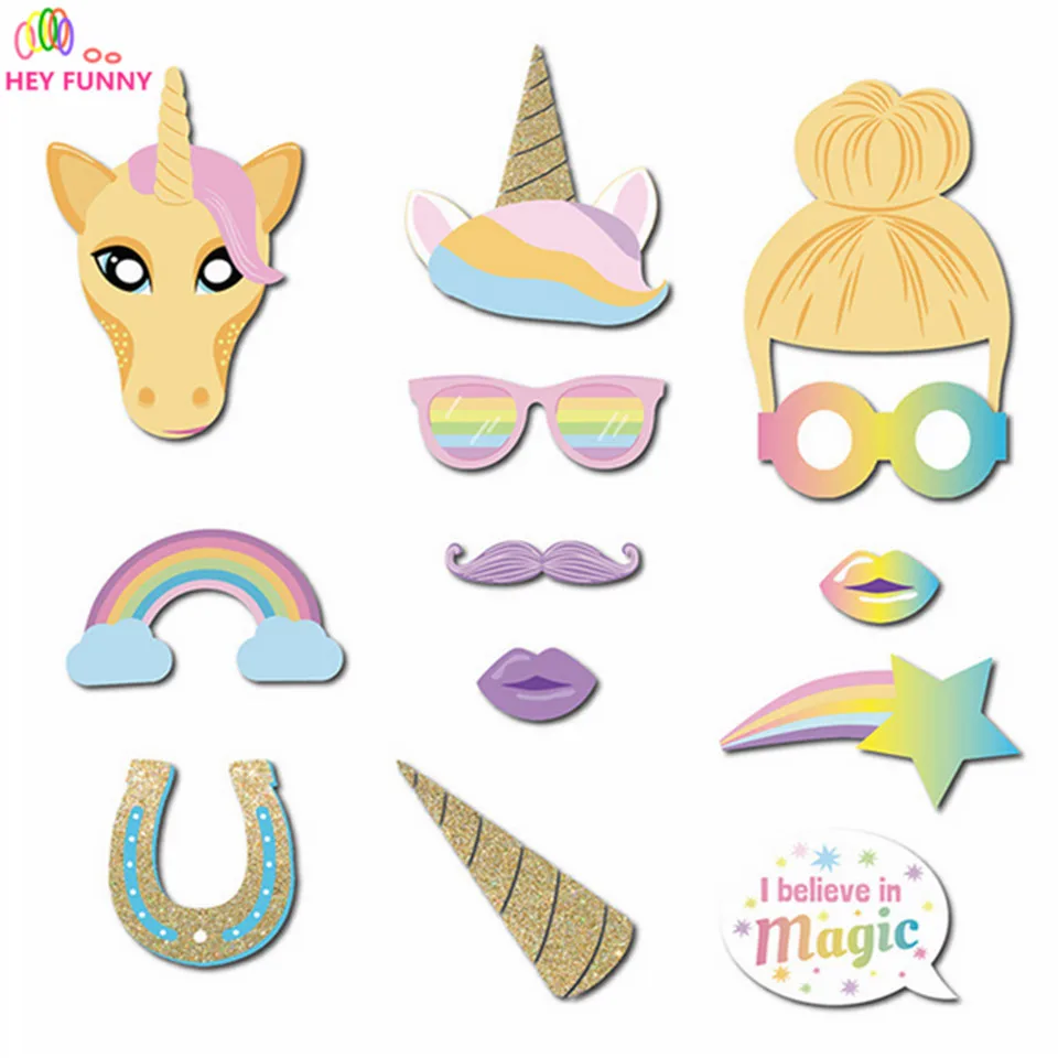 13pcs Rainbow Unicorn Photo Props On a Stick Wedding Decor Birthday