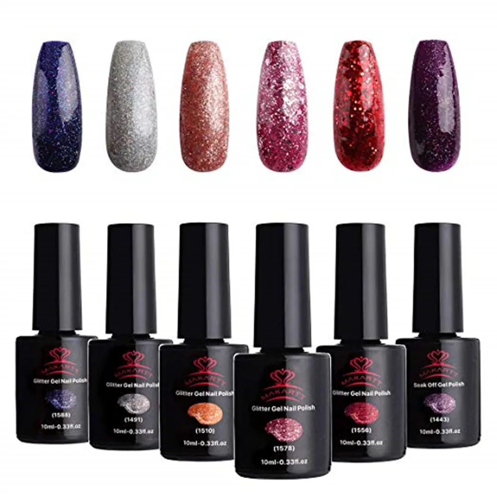 

Makartt Shiny Glitter Gel Nail Polish Set 10ml 6 Bottles Hot Fashion Colors in Winter Soak Off UV LED Nail