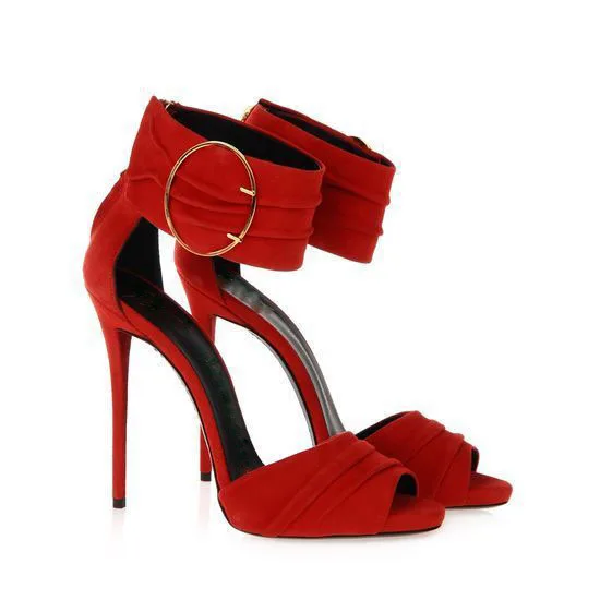 

2017 Summer sexy high heel sandal high thin heels ankle strap mental decoration peep toe women dress shoes red black yellow