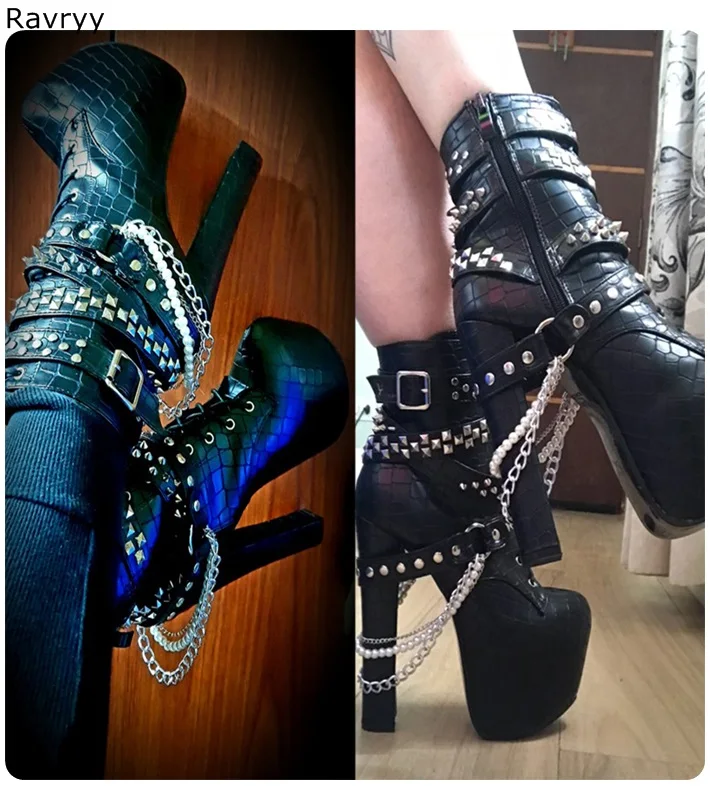 

Black leather Woman Ankle Boots metal chains rivets decor Female Short Boot Thick Heel motorcycle boot party model show shoes