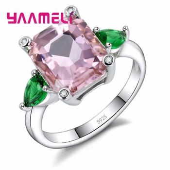 

Brand Green Leaf Flower Shape Green Crystal Pink Stone Sweet Romantic Style 925 Sterling Silver Rings For Girl Gift
