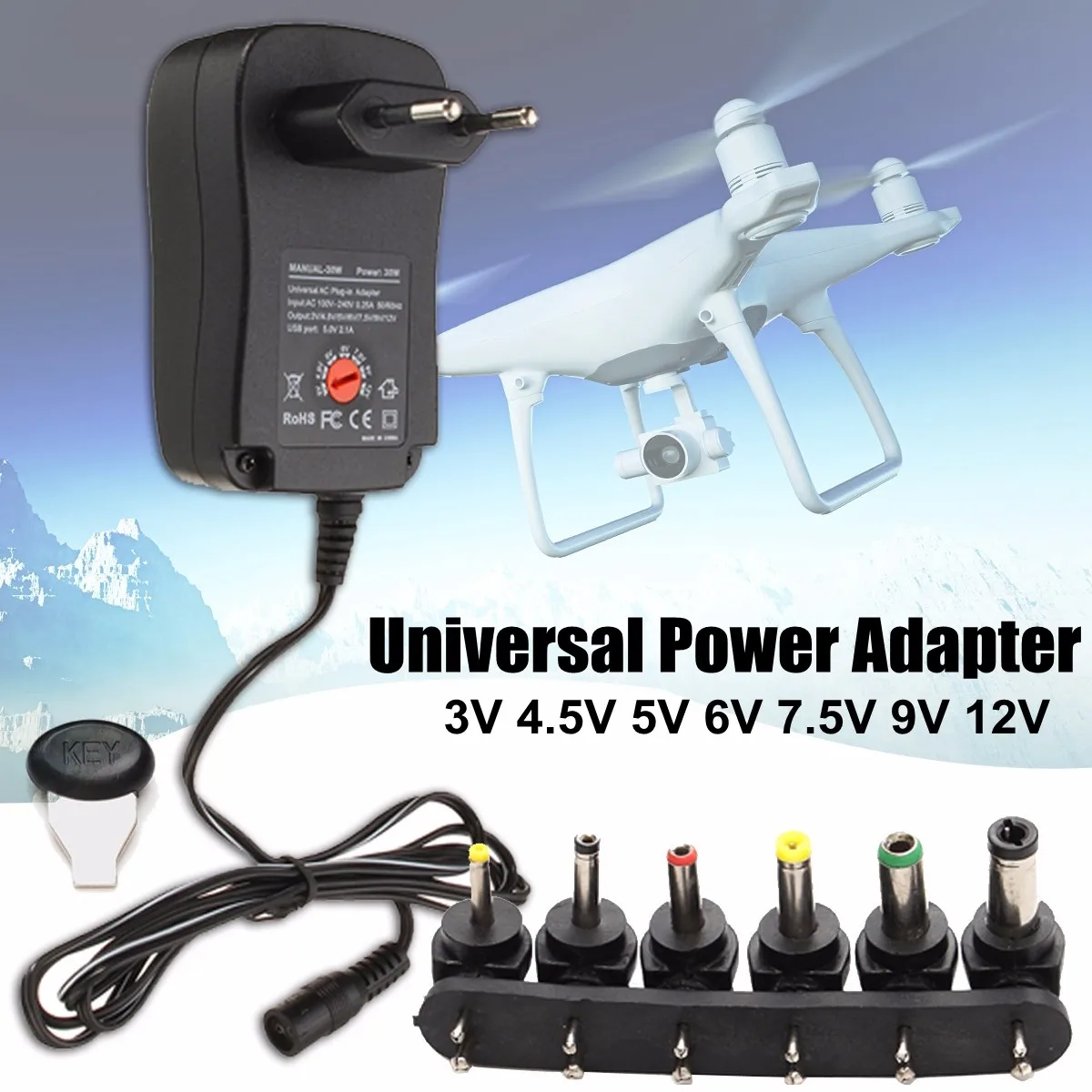 

Universal 3/4.5/5/6/7.5/9/12V Voltage Converter Power Drone Charge Adapter Supply with USB Port EU Plug