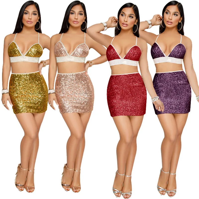 

Sexy Two Piece Set Backless Bra Crop Top + Mini Bodycon Skirt Summer Party Club Outfits Dress Suit Sequined Nightclub Women Set