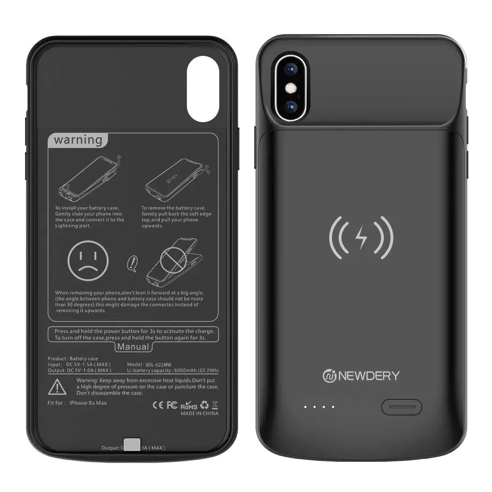 NEWDERY Upgraded for iPhone Xs Max Battery Case Qi Wireless Charging Compatible, 6000mAh External Charger case for iphone xs max