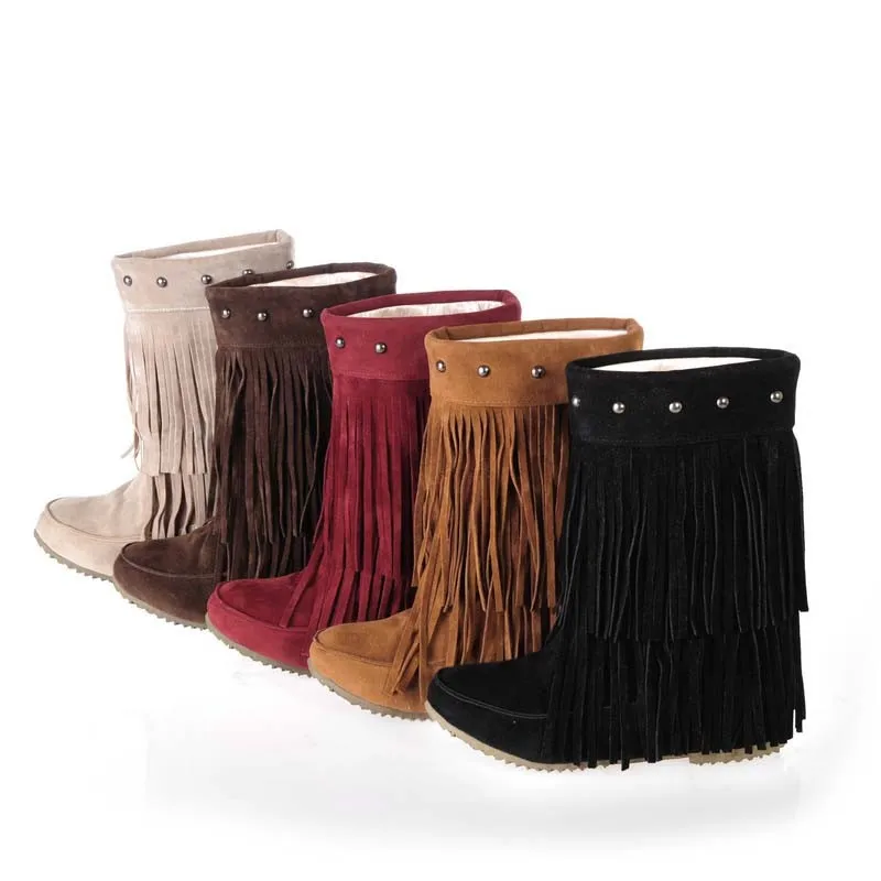 Big Size 34-43 Women's 3 Layer Fringe Tassels Decoration Rivets Low Heel Winter Boots Mid-Calf snow boots Shoes