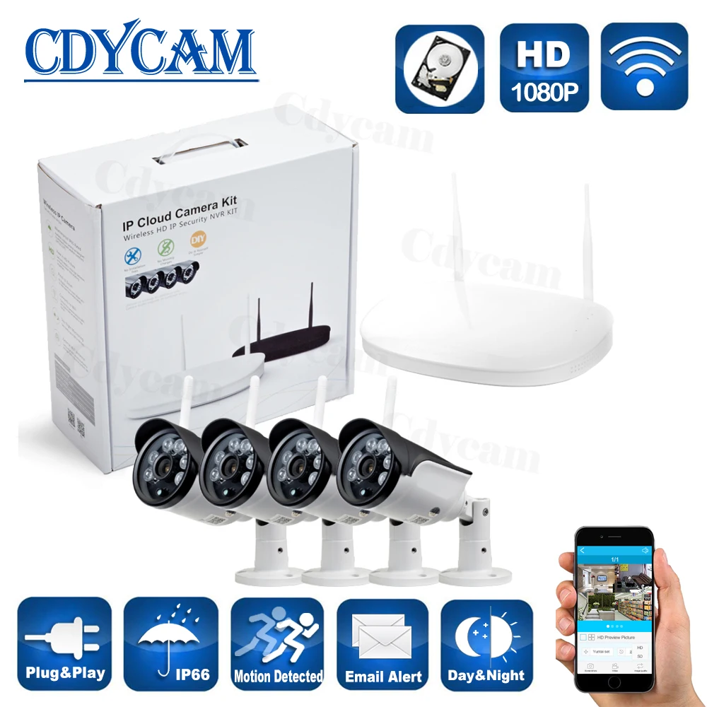 FULL HD 1080P 2.0MP HI3516C CCTV System Kit 4CH CCTV Surveillance System 4CH 1080P NVR + 4PCS 1080P Outdoor Wifi IP Camera