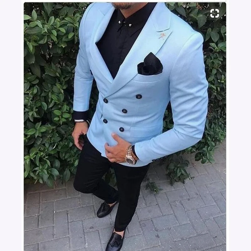 Tailored Slim Fit 2 Piece Light Blue Suit Men Tuxedo double breasted