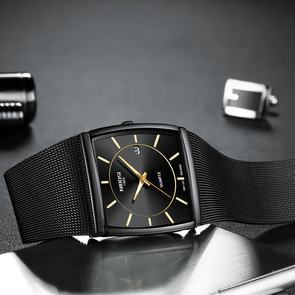 NIBOSI, люксовый бренд, часы для мужчин, нержавеющая сталь, сетчатый ремешок, Кварцевые спортивные часы, хронограф, мужские наручные часы, часы, квадратные часы