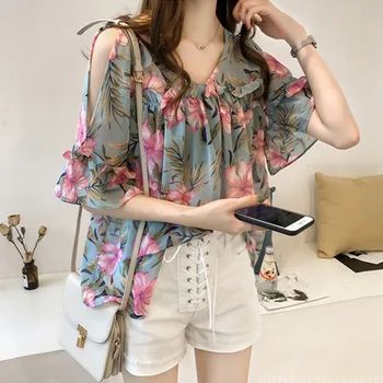 

Women Printed Off-The-Shoulder Chiffon Blouses V-Neck Loose Bottoming Blouse Vintage Sweet Trumpet Sleeve Casual Tops