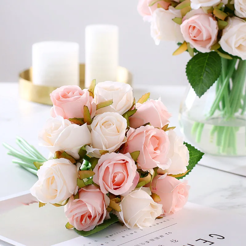 12 шт./лот, искусственные розы, свадебный букет, шелковые розы, цветы для домашнего декора, свадебные украшения, искусственные цветы