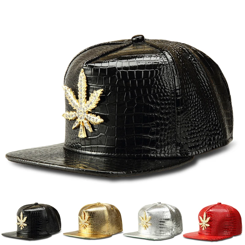 

5 Panel Cap Leather Metal Weed Hat Snapback Bling Gorras Hip Hop Man Cap Brim Bone Red Black Golden Siver