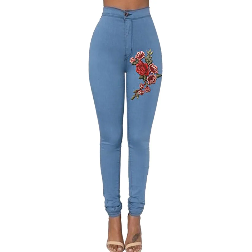 Женские джинсы с высокой талией 2019 модные сексуальные женские обтягивающие Цветочные аппликация на джинсы Высокая талия стрейч карандаш