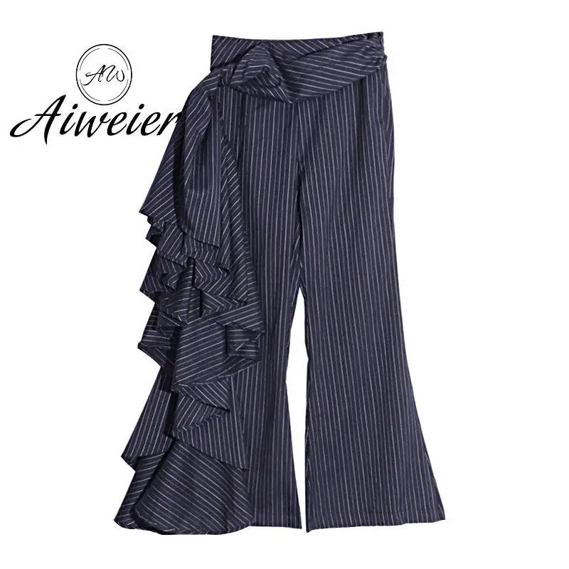 

[Aiweier] Women's Flare Pants Long Striped Asymmetric Casual Pants Ladies Trousers Cotton Patchwork Wide Leg Loose Trouser QD480
