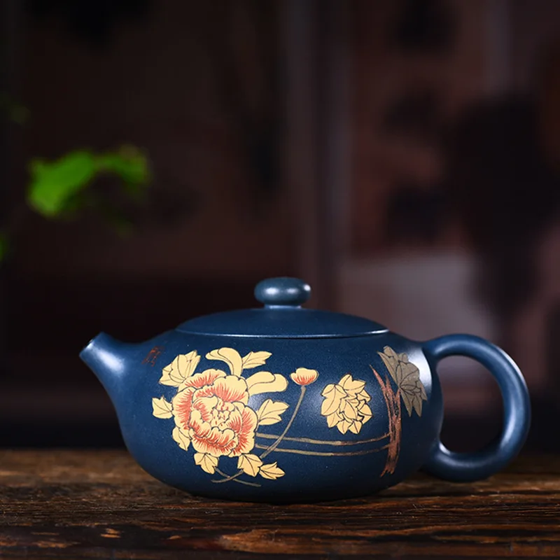 Yixing purple clay pot genuine hand-painted green mud peony flat Xishi Kungfu Teapot Set | Дом и сад