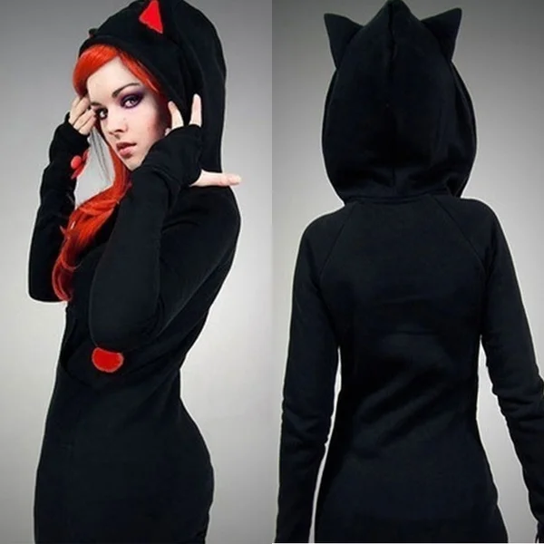 Women Cute Cat Ear Hooded Slim Long Sleeve Pure Color Warm Jacket Tops Cosplay Costume (1)