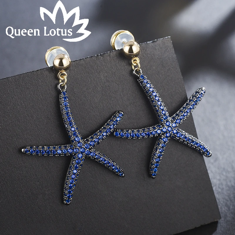 

Queen Lotus Korean Fashion Sea Star Earrings for Women Blue Crystal Drop Earrings Jewelry Cubic Zircon Dangle Big Earrings Gift
