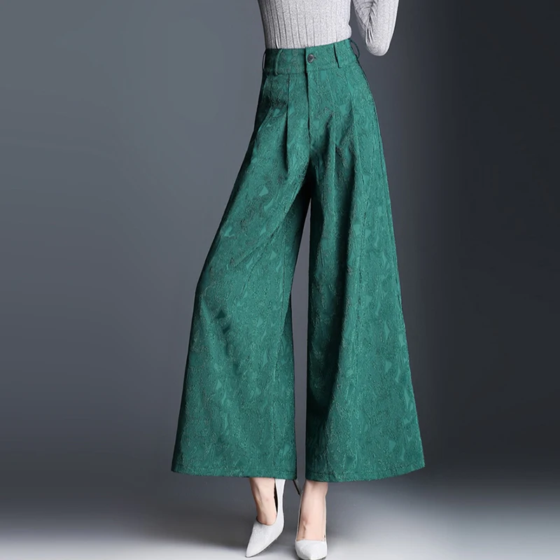 Летняя Весенняя мода Европейский стиль женские широкие плиссированные с высокой талией зеленые синие брюки, женские свободные Добби брюки