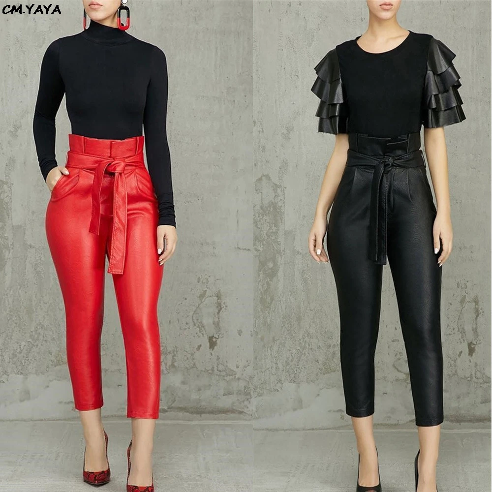 

women new sashes high wasit ruffles faux leather PU ankle length pencil skinny pants fashion red black trousers GLCX093
