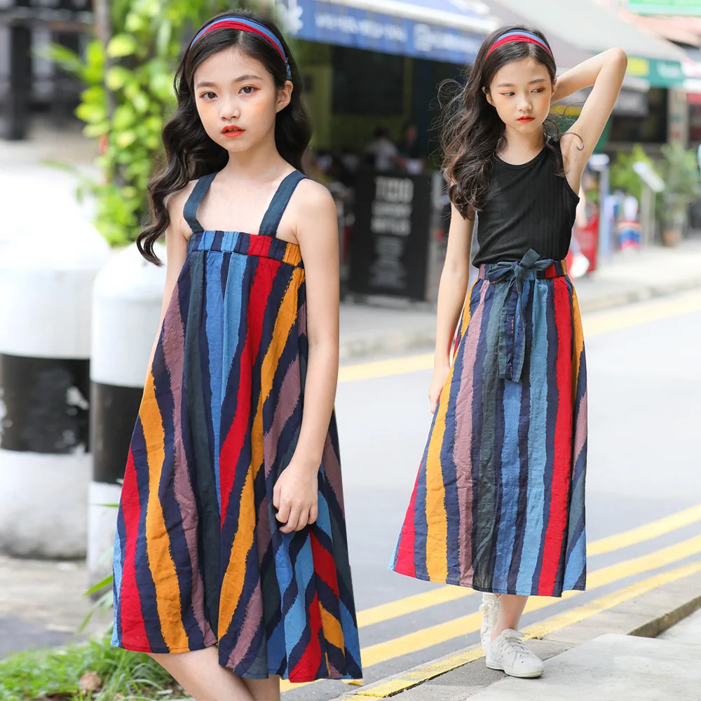 

Brand Kids Suspenders Dress 2019 Summer New Baby Cotton Dress Girls Dress Children Rainbow Stripe Dress Two Styles Wearing,#3909