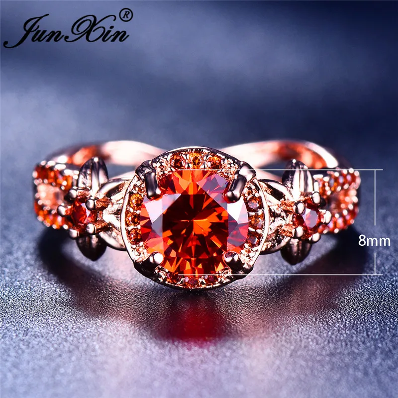 JUNXIN Charm Red Zircon Round Flower Star Rings For Women Rose Gold Filled July Birthstone Wedding Ring Female Turkish Jewelry