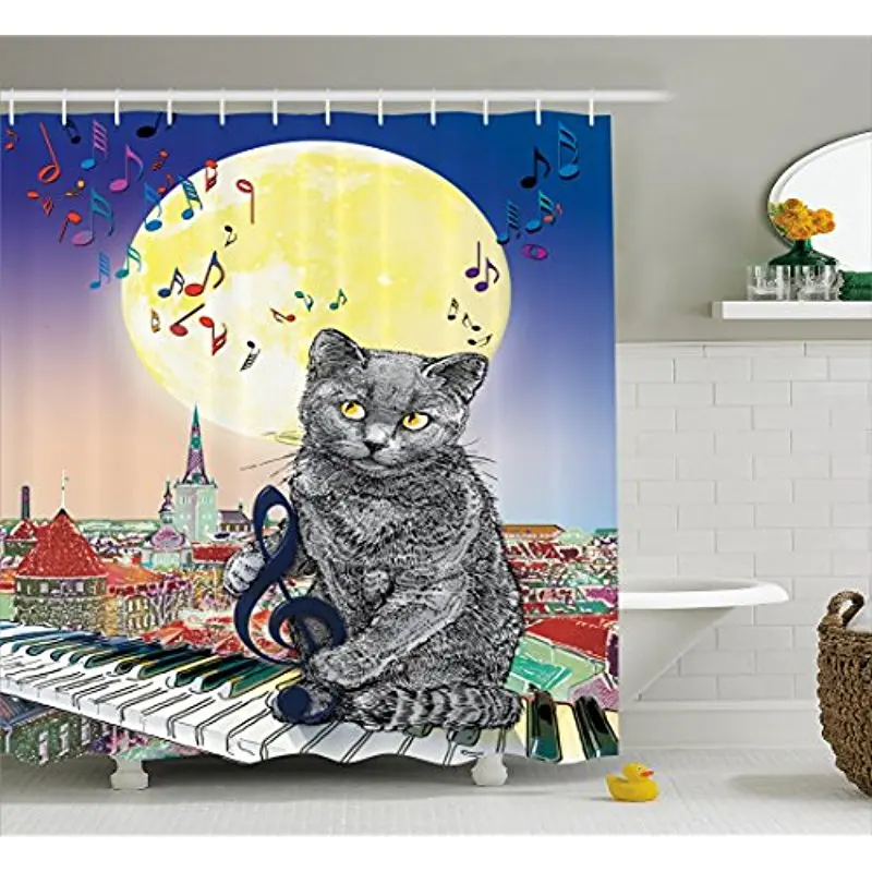 

Vixm City Decor Shower Curtain Musical Notes Cat with the Keyboard on Rooftops in Night Sky Old Town Moon Fabric Bath Curtains