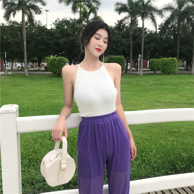 Summer Women's Slim Knitting Halter Neck Camisole Tops Female Knitted Chic Tanks Sleeveless T shirts Top for Girl - Цвет: White