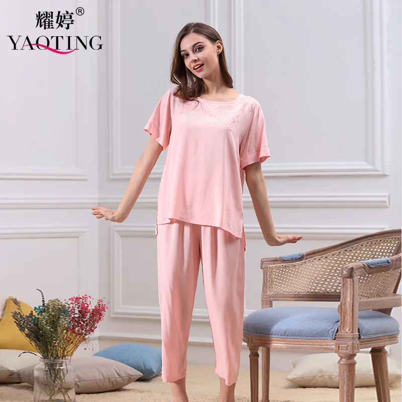 New Summer Short Sleeves Women Lovely Cotton Pajamas Pure Color