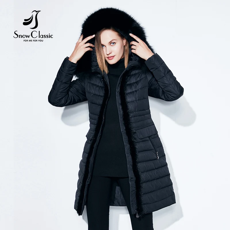 SnowClassic Winter Long Women's Cotton Down Jacket Теплая ветровка Меховой воротник Slim Hat Модный