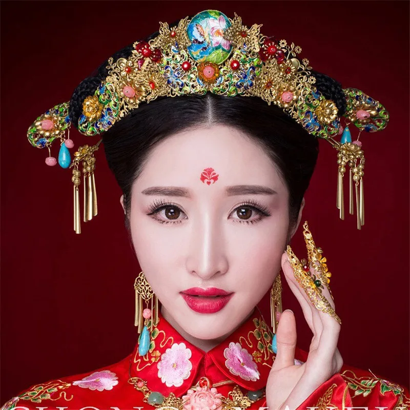 

AINILIDAN Chinese Style Wedding Accessories Jewelry Sets Golden Coronet Earrings Hairpin Cloisonne Stone Crystal Bridal Headwear