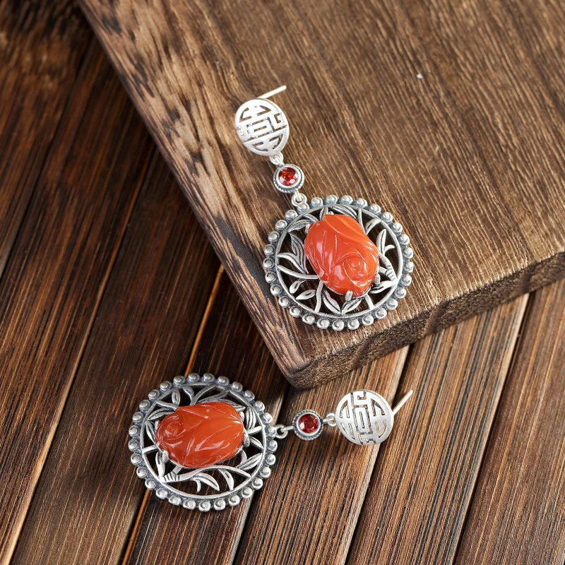 

S925 silver embedded South Red Agate vintage ethnic earrings free shipping