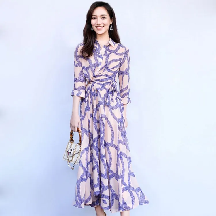 

High Quality Women Office Work Print Shirt Dress 2019 Runway Summer Three Quarter Sleeve Bow Vintage Slim Vestidos Party Dress