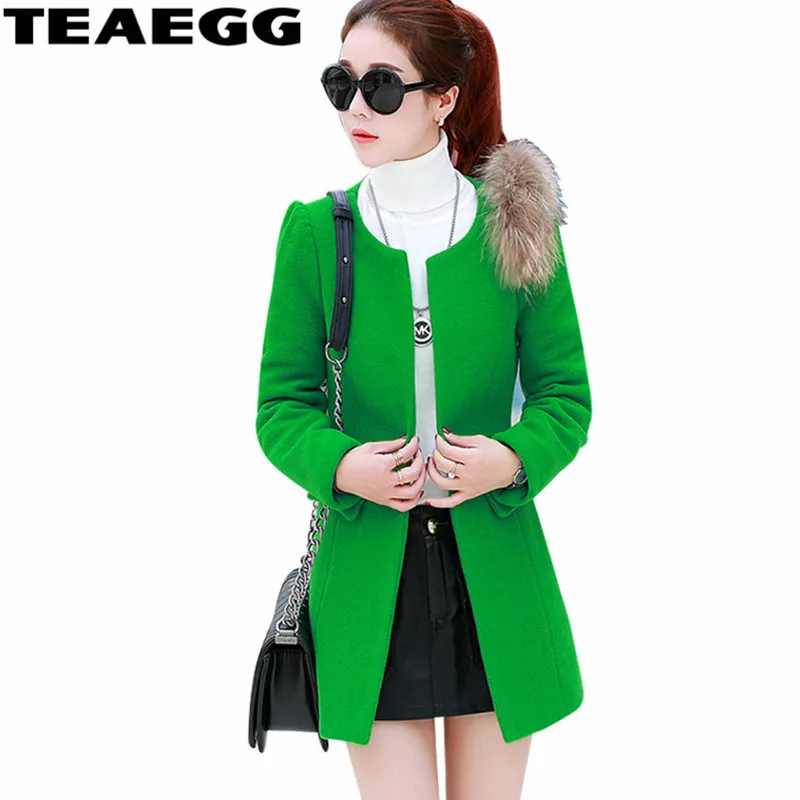 

TEAEGG Elegant Women's Coats Ladies Casacos Femininos Green Autumn Wool Coat Winter Women Manteau Femme Hiver Long Parka AL1513