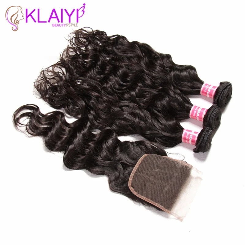 Klaiyi Hair Brazilian Natural Wave Lace Closure Free Part 4 PCS Human Hair Bundles With Closure Swiss Lace Remy Hair Extension