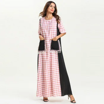 

Loose large size women's dress Muslim Arab short-sleeved plaid multi-color long skirt pocket contrast color stitching robes