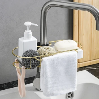 

Pokich Kitchen Adjustable Iron Sink Hanging Rack Basket Sponge Storage Soap Shelf Storage Dry Towel Organizer Tools